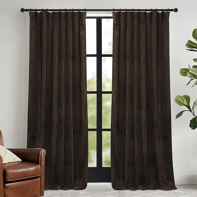 RYB HOME Brown Blackout Curtains 84 inches Long Velvet, Room Darkening Thermal Insulated Drapes with Hook Belt for Bedroom Home Theater, W 52 x L 84 inches, 2 Panels Set