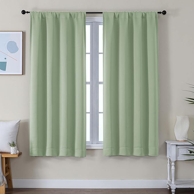 Simplebrand Ava Light Green Blackout Curtains for Bedroom 63 Inch Length 2 Panels Set, Solid Thermal Insulated Energy Saving Rod Pocket Window Treatment Curtains Blackout Drapes, W40 x L63 Inch