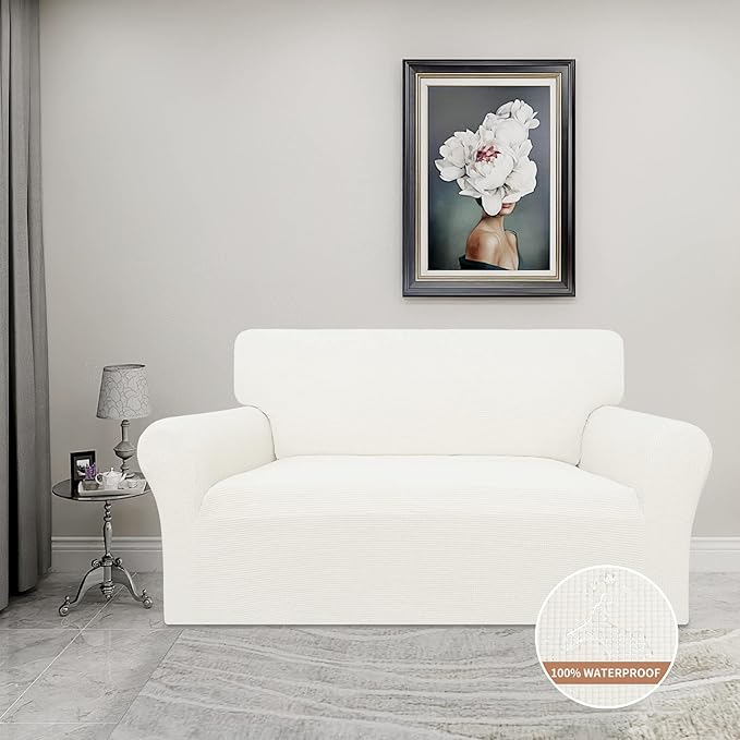 Easy-Going 100% Waterproof Loveseat Couch Cover, Dual Waterproof Sofa Cover, Stretch Jacquard Sofa Slipcover, Leakproof Furniture Protector for Kids, Pets, Dog and Cat (Loveseat, Cream)