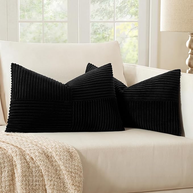 MIULEE Black Decorative Lumbar Throw Pillow Covers 14x22 Inch for Couch Bed Sofa Pack of 2 Boho Farmhouse Throw Pillows Soft Cross Corduroy Patchwork Textured Cushion Cases