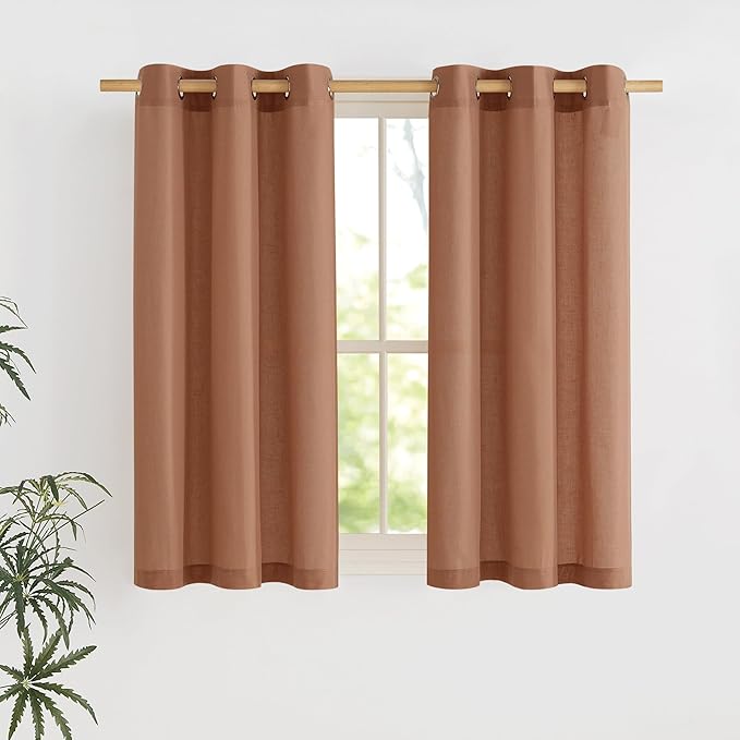 NICETOWN Caramel Short Linen Curtains for Kitchen, Thick Flax Small Window Treatments Semi Sheer Privacy Assured with Light Through for Cafe/Bathroom, W42 x L48, 2 Panels