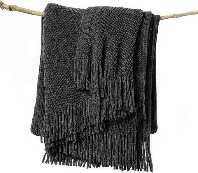 lifein Throw Blanket for Couch, Soft Boho Decor Bed Throw,Cozy Grey Knitted Chenille Small Farmhouse Lightweight Throw (Dark Grey,50 * 60")