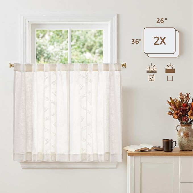 jinchan Belrose Linen Floral Kitchen Curtains 36 inch Length Embroidered Farmhouse Cafe Curtains for Living Room Bathroom Small Windows Curtain Set Sheer Light Filtering 2 Panels White