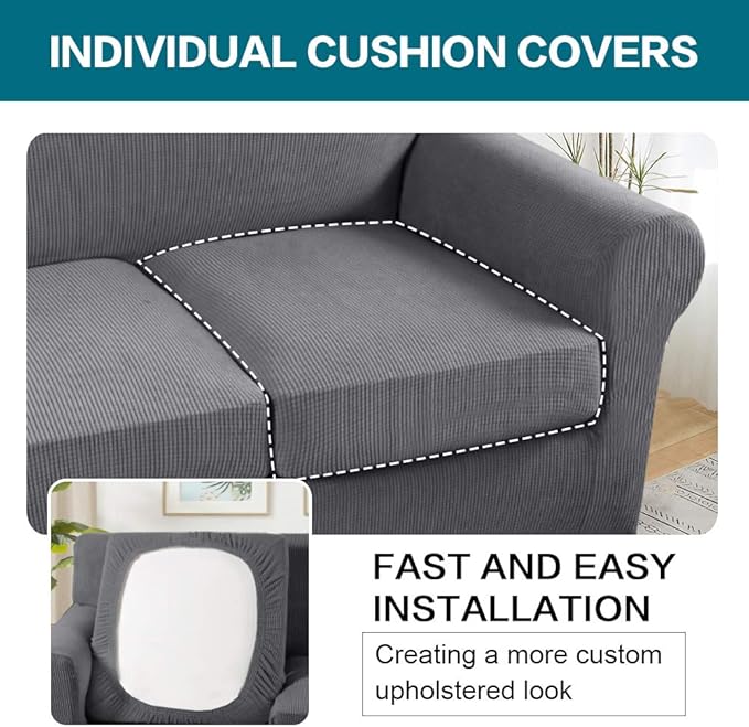 Turquoize 3 Piece Sofa Covers for 2 Cushion Couch Sofa Slipcover Soft Couch Cover for Dogs-Washable Sofa Furniture Covers with 2 Individual Cushion Covers, Thick Jacquard Fabric (Loveseat, Gray)