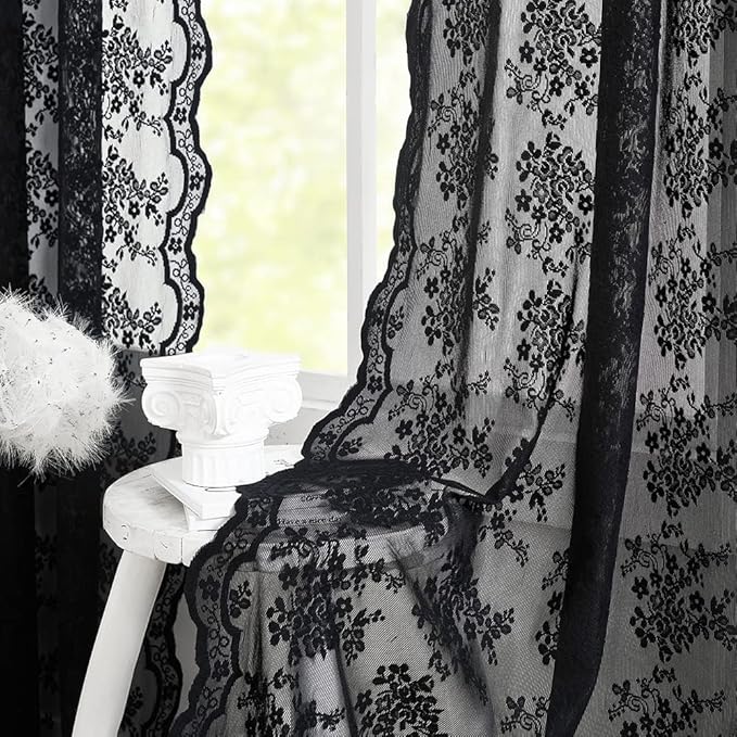 YJ YANJUN Vintage Lace Curtains 90 Inches Long- Victorian Floral Pattern Black Sheer Curtain Panels for Living Room Bedroom,Light Filtering, Gothic Witchy Halloween Drapes 2 Panels 52W x 90L