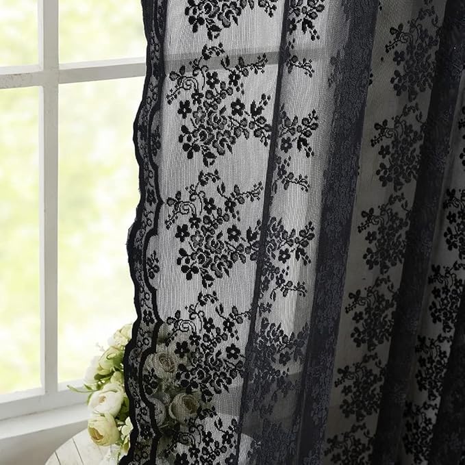 YJ YANJUN Vintage Lace Curtains 80 inch Length 2 Panles for Doorway Victorian Gothic Floral Dark Academia Black Sheer Curtain Panels for Living Room Bedroom Light Filtering 52 by 80 inch Length