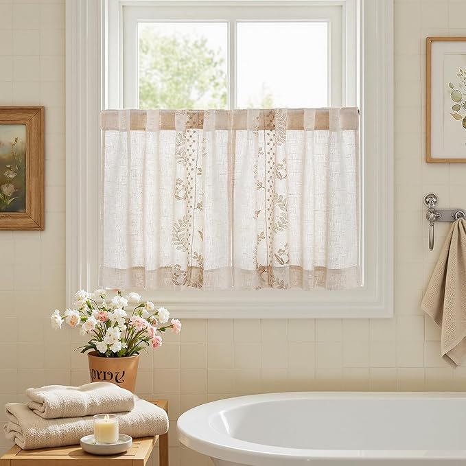 jinchan Belrose Linen Floral Kitchen Curtains 24 inch Length Embroidered Farmhouse Cafe Curtains for Living Room Bathroom Small Windows Curtain Set Sheer Light Filtering 2 Panels Beige