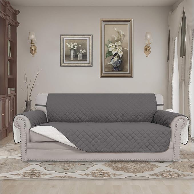 Easy-Going 4 Seater Sofa Slipcover Reversible Sofa Cover Water Resistant Couch Cover with Foam Sticks Elastic Straps Furniture Protector for Pets Children Dog Cat (XX-Large, Gray/Ivory)