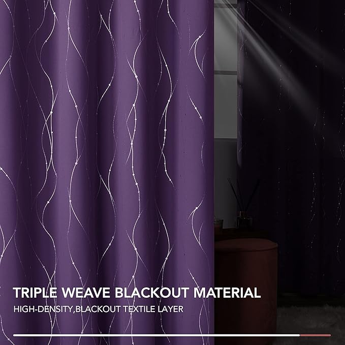 Deconovo Short Purple Curtains, Blackout Drapes with Wave Line Silver Print, 38 x 45 Inches Long, Thermal Insulated Panel, Grommet Top, Machine Washable, Set of 2 Panels for Kitchen Nursery Bedroom