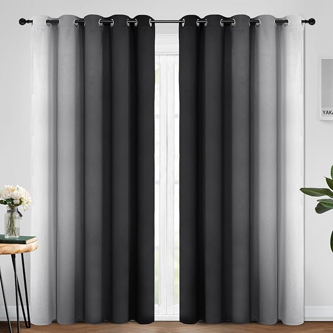 Yakamok Greyish White and Black Ombre Curtains for Bedroom, Light Blocking Gradient Color Drapes, Room Darkening Thermal Insulated Grommet Window Curtains for Living Room(Black, 2 Panels, 70x84 Inch)
