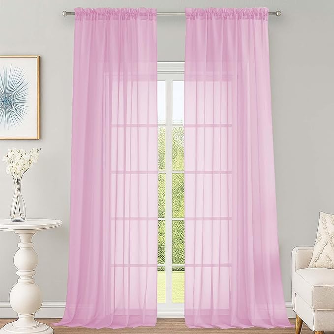 OWENIE Pink Sheer Curtains 120 Inches Long 2 Panels Set, Airy Lightweight Sheer Pink Curtains for Living Room Bedroom, Farmhouse Voile Filmy Rod Pocket Curtains Drapes, 2 Pcs, Each 59" Wx120 L Inch