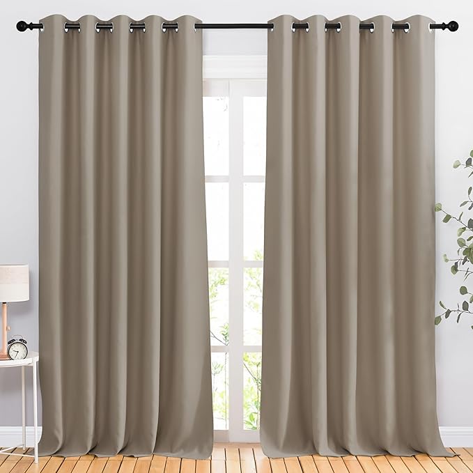 NICETOWN Blackout Taupe Curtains & Drapes 90 inches Long for Bedroom - Noise Reducing Thermal Insulated Grommet Room Darkening Window Treatments for Sliding Glass Door (2 Panels, 66 x 90 Inch)