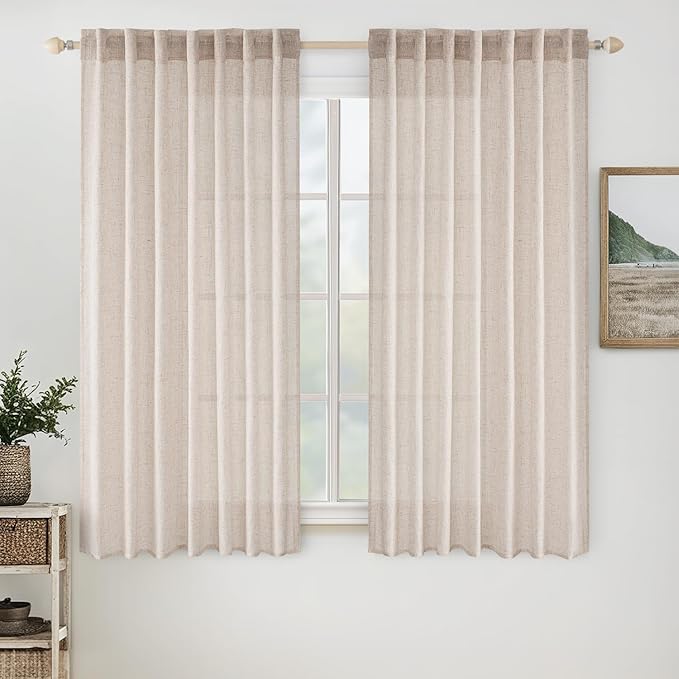 MIULEE Natural White Linen Curtains 60 Inch Length 2 Panels for Bedroom Living Room, Soft Thick Linen Textured Window Drapes Semi Sheer Light Filtering Back Tab Rod Pocket Burlap Look Decor