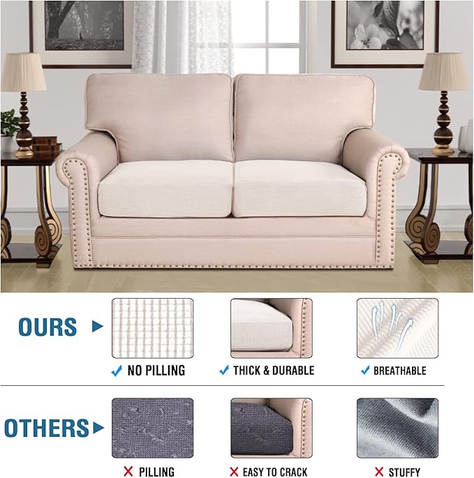 H.VERSAILTEX High Stretch Couch Cushion Covers,Chair Sofa Seat Slipcovers Couch Cushion Cover Stretch Furniture Protector for Kids, Pets(2 Packs Cushion Loveseat Covers, Ivory)