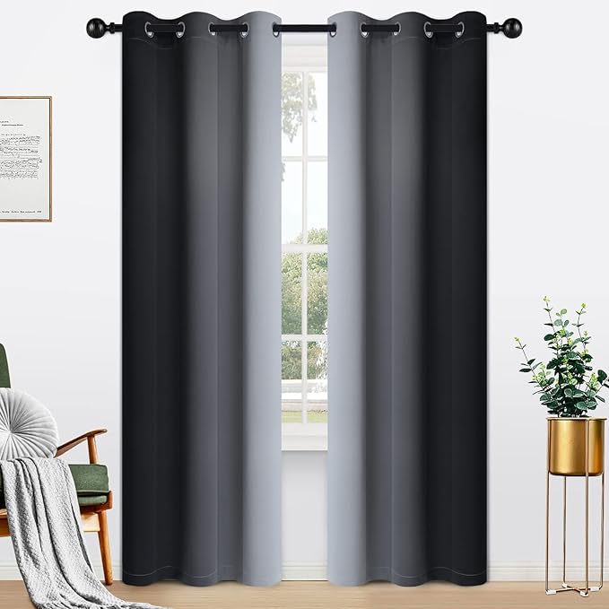 Yakamok Light Blocking Ombre Curtains, Greyish White and Black Gradient Color Curtains, Room Darkening Grommet Window Drapes for Bedroom(Black, 42x84 Inch, 2 Panels)