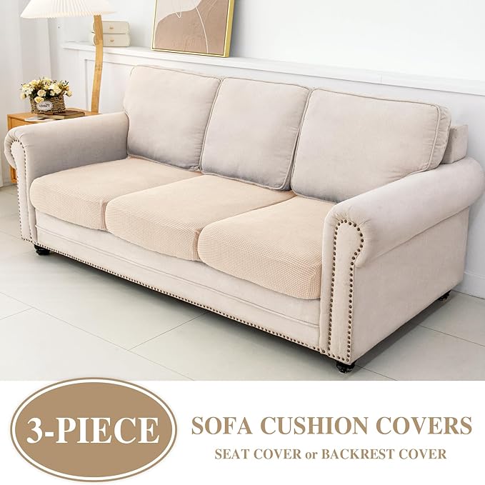 Couch Cushion Covers Seat Cushion Cover Stretch Couch Cover Separate Sectional Sofa Slipcovers Furniture Protector(3 Pieces for Seat or Sofa Backrest, Natural)