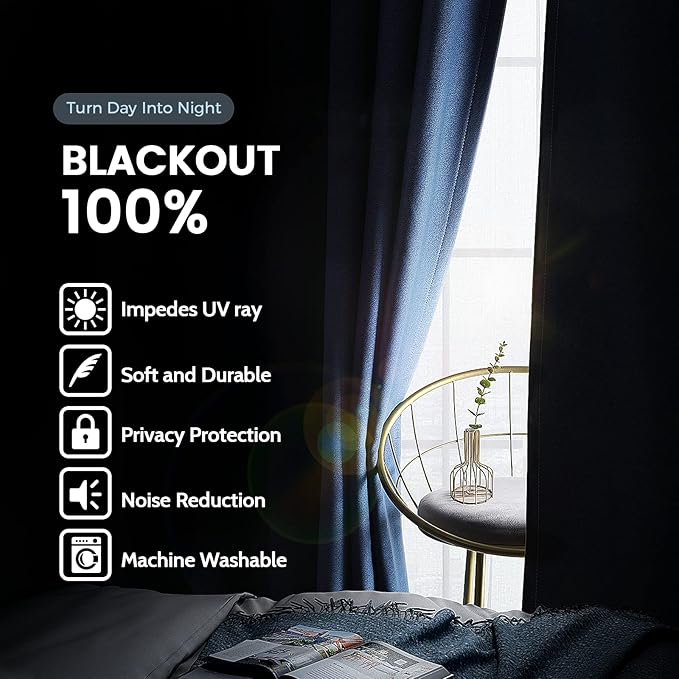 SimpleHome 100% Blackout Curtains for Bedroom,Thermal Insulated Grommet Window Drapes Room Darkening Navy Blue Curtains for Living Room with Black Back,42 x 63 Inch,2 Panels