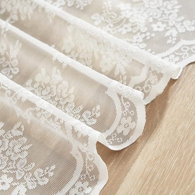 YJ YANJUN Vintage Lace Curtains 36 Inch Length-Victorian Floral Pattern Ivory Country Cafe Sheer Curtains for Kitchen & Bathroom, Short Light Filtering Drapes, 2 Panels 26W x 36L Cream