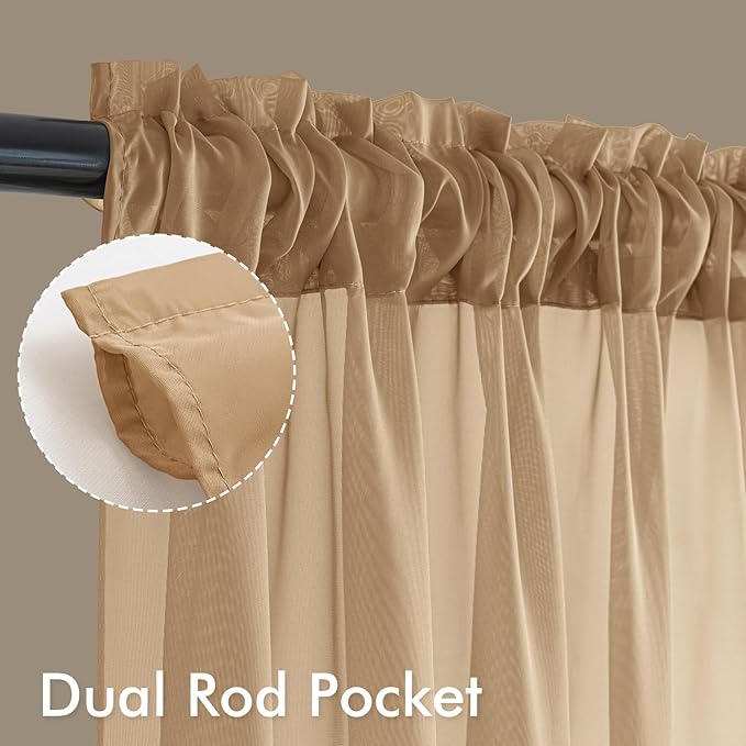 MIULEE Brown Sheer Curtains 72 Inches Long, 4 Panels Set, Rod Pocket Voile Drapes Light Filtering and Semi Transparent, Elegant Window Treatments for Bedroom Living Room,42 x 72 Inches