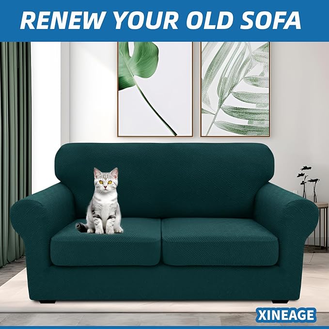 XINEAGE 2026 New 3 Pieces Couch Covers for 2 Cushion Sofa Super Stretch Loveseat Slipcover Pet Dog Universal Slip Cover Anti Slip Love Seat Furniture Protector (Blackish Green, 55"-69")