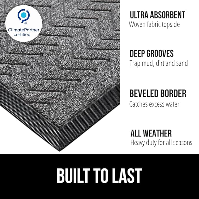 GORILLA GRIP 100% Waterproof All-Season WeatherMAX Doormat, 34x58, US Designed Natural Rubber, Stain and Fade Resistant, Low Profile Indoor Outdoor Door Mats, Easy Clean Patio Mat, Steel Chevron
