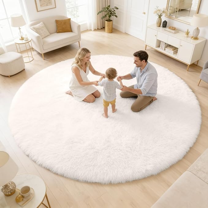 OLANLY Ivory Round Rugs for Bedroom - Machine Washable, 6 ft Circle Area Rugs for Living Room, Soft and Fluffy Shaggy Carpet for Teen Girls and Boys, Nursery Rooms, Dorms, Home Decor Aesthetic