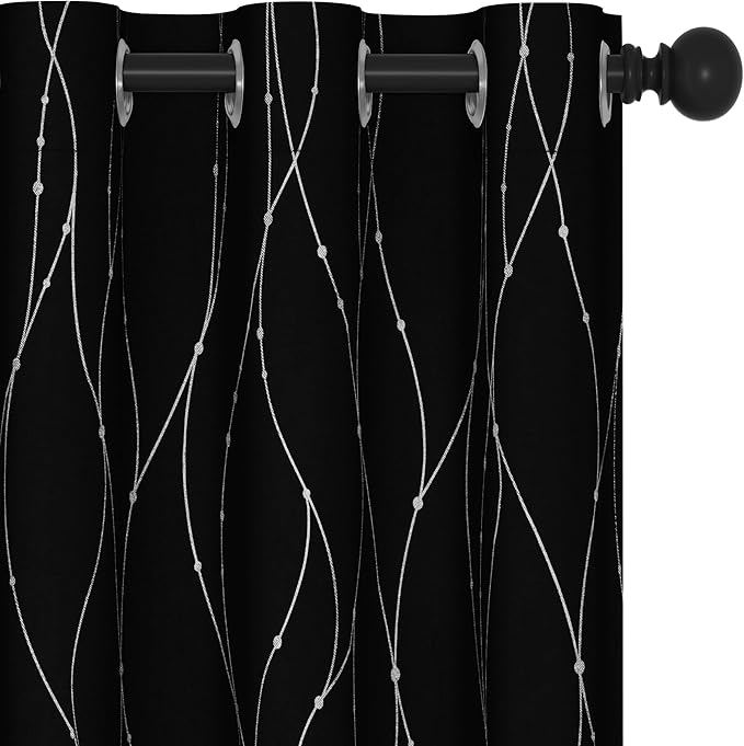 Deconovo Blackout Curtains, Black Curtain, Thermal Insulated Noise‑Reducing Drapes, Wave Line Dot Foil Print, 38 x 84 Inch Long, 2 Panels, Machine‑Washable Window Curtains for Bedroom Living Room
