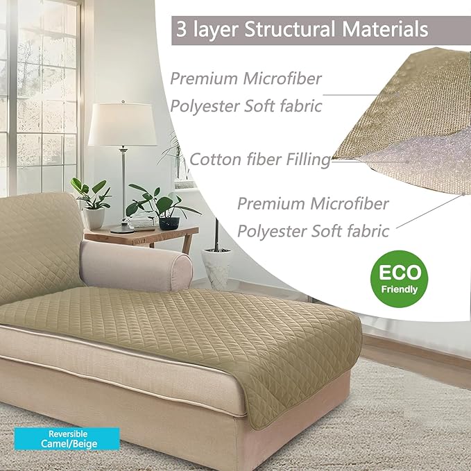 U-NICE HOME Sectional Couch Cover for Dogs Pets Chaise Lounge Reversible Sofa Cover Furniture Protector with Elastic Adjustable Strap, Light Camel/Beige