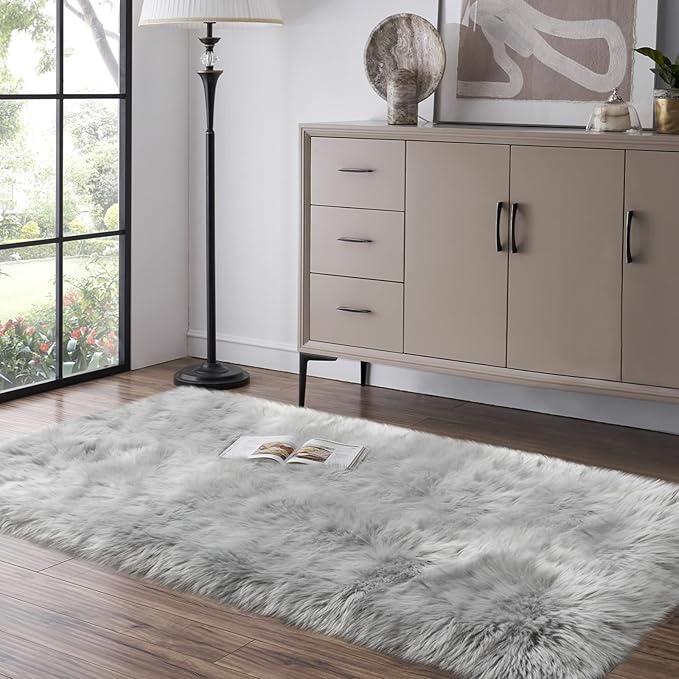 Grey Fluffy Rug for Bedroom, 2'X6' Faux Fur Rug for Runner, Gray Soft Shag Rug for Sofa Couch Cushion, Cozy Shaggy Fuzzy Plush Floor Carpet for Nursery, Cute Bedside Dorm Home Decor Rectangle