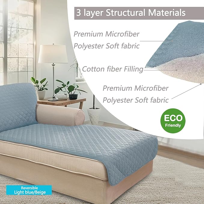 U-NICE HOME Sectional Couch Cover for Dogs Pets Chaise Lounge Reversible Sofa Cover Furniture Protector with Elastic Adjustable Strap, Light Blue/Beige
