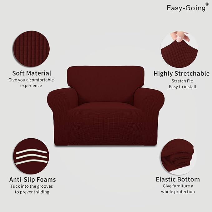 Easy-Going Stretch Oversized Chair Sofa Slipcover 1-Piece Couch Sofa Cover Furniture Protector Soft with Elastic Bottom for Kids Spandex Jacquard Fabric Small Checks Wine