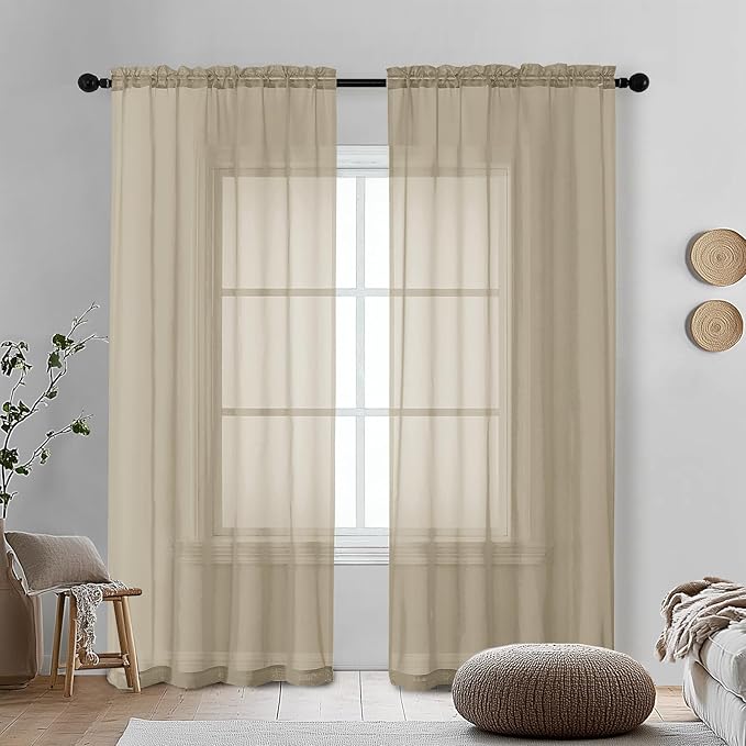 OVZME Taupe Sheer Curtains 72 Inches Long 2 Panels - Soft Light Filtering Window Sheer Panels for Living Room/Bedroom, Top Dual Rod Pocket, 1 Pair, Each 42Wx72L Inches