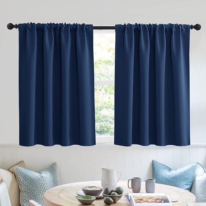RYB HOME Short Blackout Curtains for Small Window, Sunmmer Heat Light Blocking Privacy Protection Curtains for Sunroom Laundry Room Stair Window, Width 52 by Length 36, Navy Blue, Set of 2