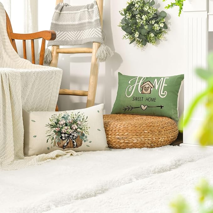 AVOIN colorlife Bless Our Home Farmhouse Eucalyptus Leaves Throw Pillow Covers, 12 x 20 Inch Green Truck Cushion Case Decorations Set of 4