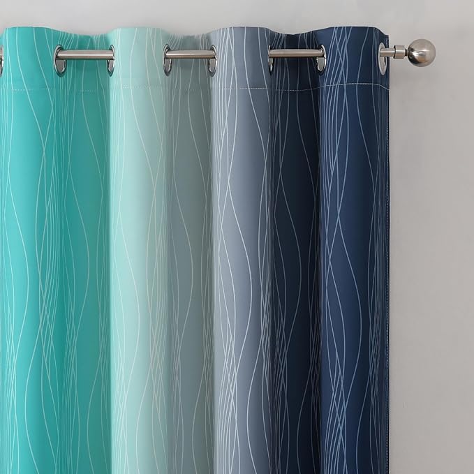 Estelar Textiler Navy Blue and Teal Blackout Curtains 45 Inch Length, Full Light Blocking Gradient Drapes for Kitchen, Thermal Insulated Grommet Ombre Curtains for Bathroom,52Wx45L,2 Panels