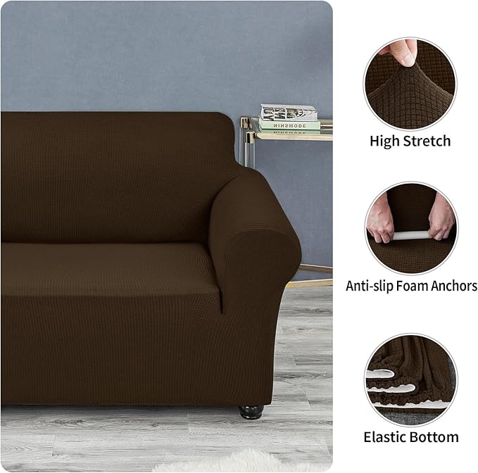 Joccun Stretch Loveseat Couch Cover Slipcover, 1-Piece Sofa Cover for 2 Cushion Couch Spandex Jacquard Washable Furniture Protector Cover for Living Room,Kids,Pets（Loveseat,Seal Brown）