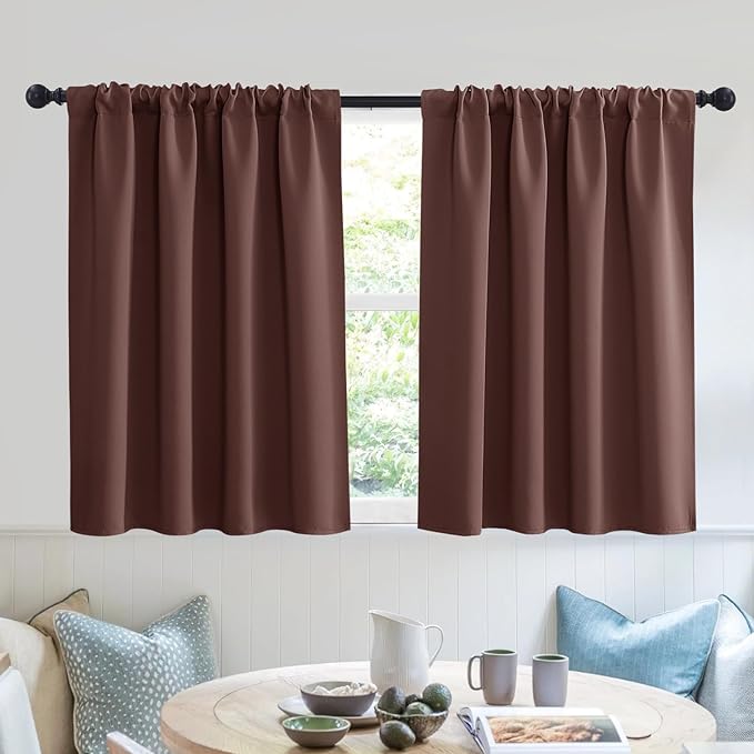 RYB HOME Short Blackout Curtains for Small Window, Sunmmer Heat Light Blocking Privacy Protection Curtains for Sunroom Laundry Room Stair Window, Width 52 by Length 36, Chocolate Brown, Set of 2