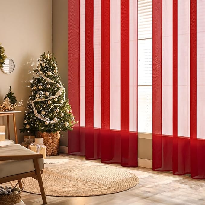 MIULEE 2 Panels Red Solid Color Sheer Christmas Window Curtains Elegant Window Voile Panels/Drapes/Treatment for Bedroom Living Room (54X45 Inches)