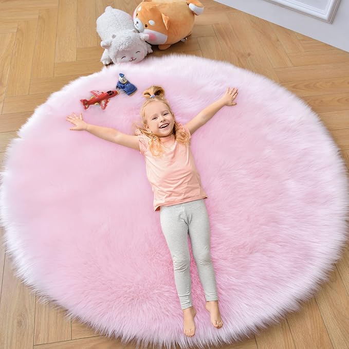 duduta Pink Faux Sheepskin Round Rug 4x4 ft, Fluffy Shag Fur Bedroom Nursery Girls Playroom Rug Dorm Decor Non Slip Washable