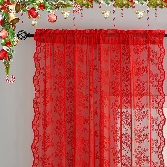 YJ YANJUN Vintage Lace Curtains 63 Inch Length 2 Panels Set Christmas Red Sheer Curtain Panels for Bedroom Winter Window Treatments for Holiday Living Room Dining Room Bedroom 52W x 63L