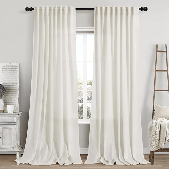 Cream Linen 102 Inch Long Curtains for Living Room 2 Panels Back Tab Rod Pocket Cream Semi Sheer Extra Long Curtains Linen Soft Material Light Filtering Window Panel Drapes for Dining Room 60x102