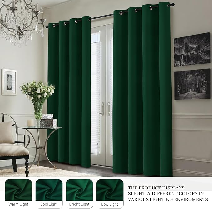 Yakamok 100% Blackout Curtain Panels 63 inches Cold and Light Blocking Drapes for Nursery, 2 Thick Layers Thermal Insulated Draperies (2 Pieces, 50 Wide Each Panel, Dark Green/White Backing)