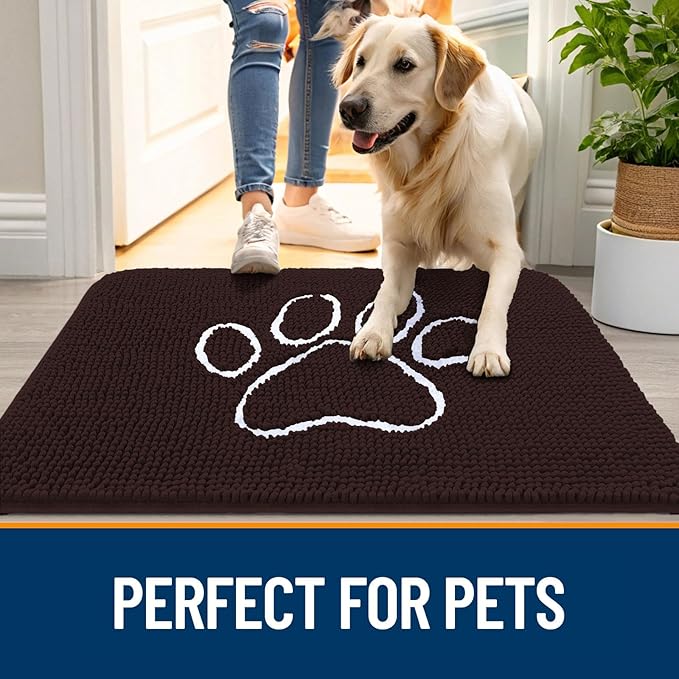 OLANLY Dog Door Mat for Muddy Paws 24x16, Paw Print Design, Absorbs Moisture and Dirt, Absorbent Non-Slip Washable Doormat, Quick Dry Chenille Mud Mat for Dogs, Entry Indoor Entryway Carpet, Brown