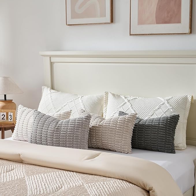 Fancy Homi Set of 4 Grey and White Long Lumbar Rectangle Decorative Throw Pillow Covers 12x24 Inch for Couch Bed Chair, Farmhouse Boho Room Decor, Soft Fuzzy Corduroy Textured Cushion Case 30x60cm