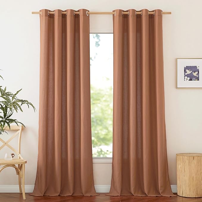 NICETOWN Caramel Linen Curtains for Kitchen, Thick Flax Small Window Treatments Semi Sheer Privacy Assured with Light Through for Cafe/Bathroom, W55 x L94, 2 Panels
