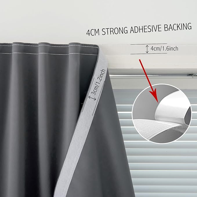 Magic Tape Stick On Curtains Window Shades Pull Down Blackout Window Cover Blackout Curtains for Bedroom No Drillng Self Adhesive Curtains No Rod Small Curtain, 59" W X 84" L, Grey, 1 Panel