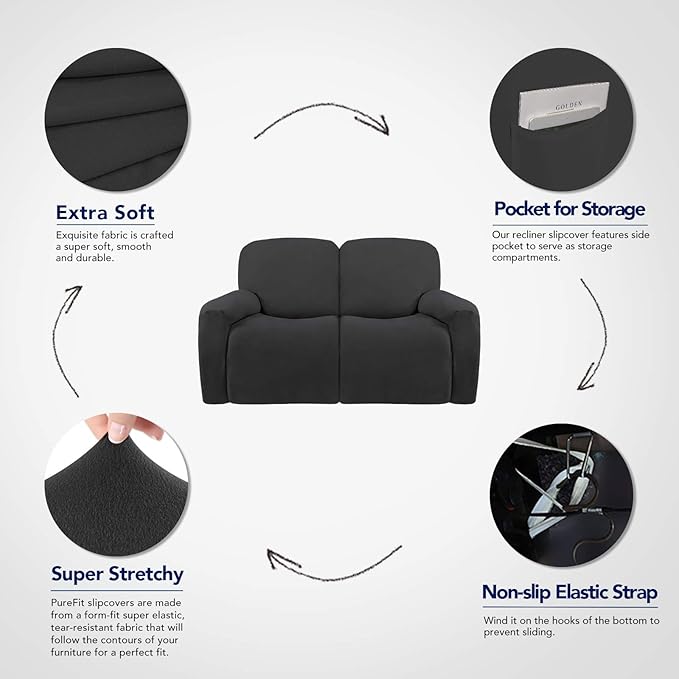 PureFit Super Stretch Loveseat Recliner Sofa Couch Cover with Pocket – 2 Seats Non Slip Soft Sofa Slipcover, Washable Reclining Furniture Protector for Kid,Pets (Recliner Loveseat, Dark Gray)