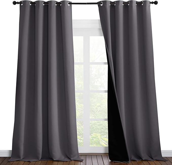 NICETOWN 100% Blackout Blinds, Laundry Room Decor Window Treatment Curtains for Large Patio Sliding Door, Thermal Insulated Grey Curtains for Bedroom, Set of 2, 55 inches x 102 inches