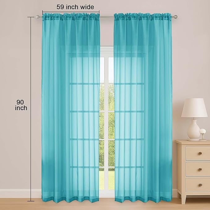 OWENIE Turquoise Sheer Curtain 90 Inches Long 2 Panels Set, Solid Filmy Drapes for Living Room Bedroom, Elegant Window Voile Sheer Curtain Panels Drapes, 2 Pcs, Each 59" Wx90 L Inch