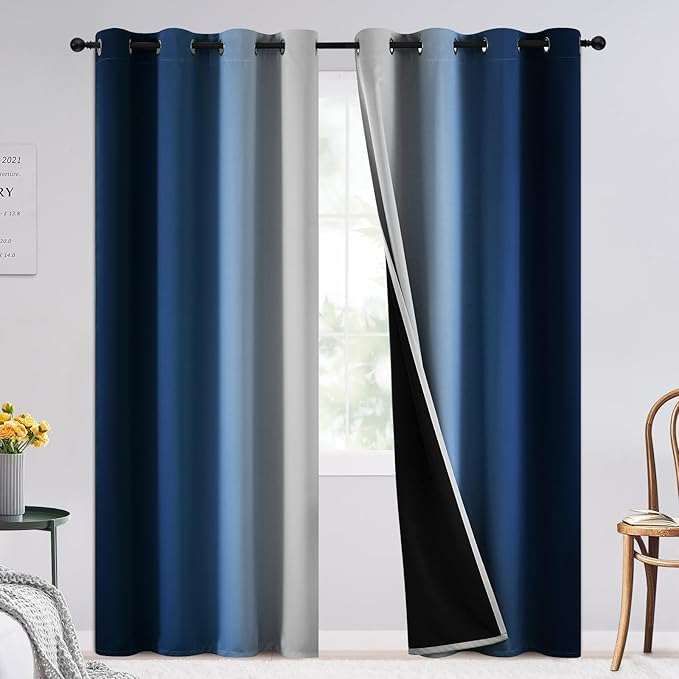 SimpleHome Blue Ombre 100% Blackout Curtains for Bedroom 90 Inches Long, Room Darkening Thermal Insulated Grommet Curtains for Living Room, 2 Panels, 52x90 inches Length